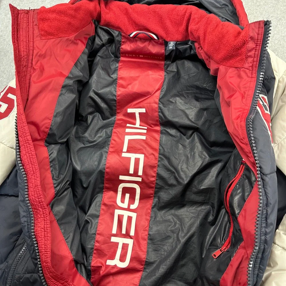 Tommy Hilfiger Mens XL Puffer Jacket Varsity Colorblock Navy White Red Hooded
